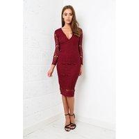 Deep V-Neck Lace Midi Dress in Maroon