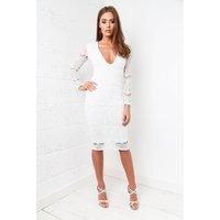 Deep V-Neck Lace Midi Dress in White