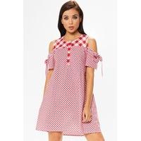 delila red gingham cold shoulder dress