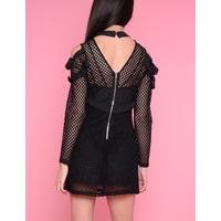 denise black ruffle fishnet dress