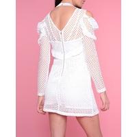 denise white ruffle fishnet dress