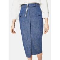 denim midi pencil skirt with patch pockets