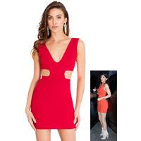 Deep V Neckline Mini Dress - Red