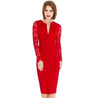 Deep V Neck Full Sleeve Midi Dress - Red