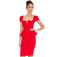 Deep Neckline Side Peplum Short Sleeve Midi Dress - Red