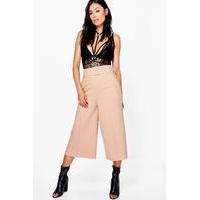 Deep Waistband Wide Leg Woven Culottes - sand