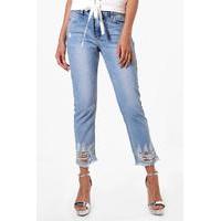 destroyed hem low rise jeans blue