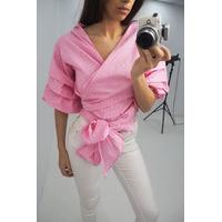 Demina Pink gingham ruffle wrap blouse