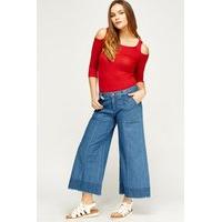 Denim Frayed Hem Wide Leg Culotte Jeans