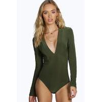 Deep Plunge Neck Bodysuit - khaki