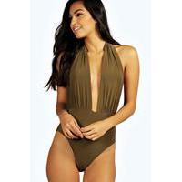 deep plunge slinky halterneck bodysuit khaki