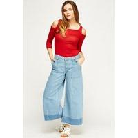 denim frayed hem wide leg culotte jeans