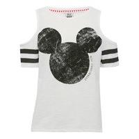 Disney Mickey Mouse Character Print Cold Shoulder Short Sleeve Casual T-shirt - White