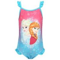 Disney Frozen Elsa and Anna Character Snowflake Print Ombre Frill Detail Summer Swimsuit - Blue