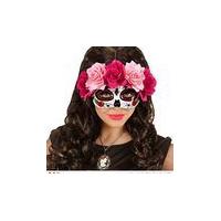 Dia De Los Muertos Sugar Skull Halloween Eye Mask With Red & Pink Roses