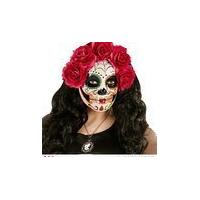 Dia De Los Muertos Sugar Skull Halloween Face Mask With Red & Pink Roses