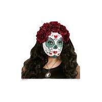 Dia De Los Muertos Sugar Skull Halloween Face Mask With Glitter & Dark Red Roses