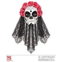 Dia De Los Meurtos Half Facemask With Veil & Pink Roses Halloween Fancy Dress