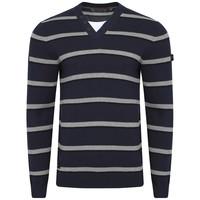 Dissident V-neck stripe jumper with t-shirt insert in blue