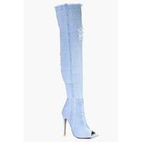 distressed peeptoe thigh high boot denim