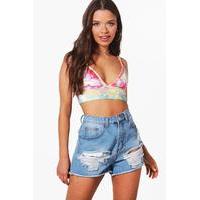 Distressed Front Mom Shorts - mid blue