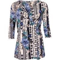 dina floral v neck wrapover top blue