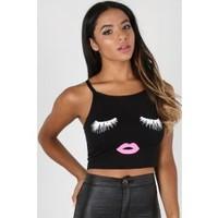 Diana Eyelashes & Lip Print Sleeveless Crop Top