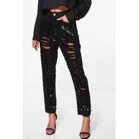 Distressed Sequin Boyfriend Jeans - black