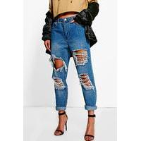 Distressed Low Rise Boyfriend Jeans - mid blue