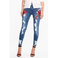 Distressed Embroidered Skinny Jeans - blue