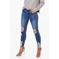 Distressed Knee And Ankle Skinny Jeans - mid blue