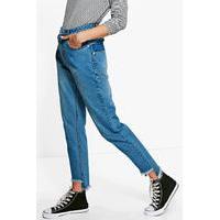 Displaced Pocket Step Hem Mom Jeans - blue