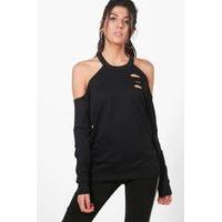 Distressed Cold Shoulder T-Shirt - black