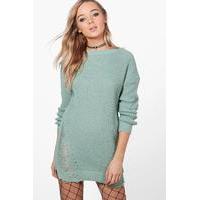 Distressed Hem Jumper Dress - sage