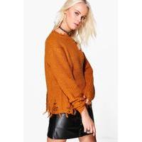 distressed hem cuff neck jumper burnt orange