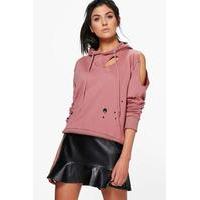 Distressed Cold Shoulder Hoody - rose