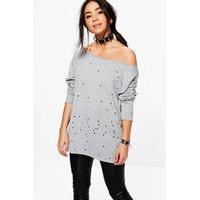 Distressed Slash Neck Sweatshirt - grey