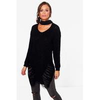 distressed hem choker jumper black