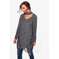 distressed hem choker jumper silver