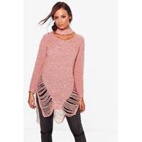 distressed hem choker jumper blush