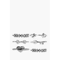Diamante Mixed Size Ring 6 Pack - silver