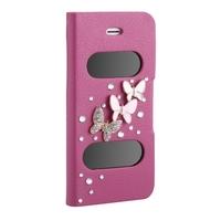 Double View Screen Window Flip Case Cover Bling Diamond Rhinestone Crystal PU Leather for iPhone 5S 5G 5C Stand Magnetic Clip Pure Red