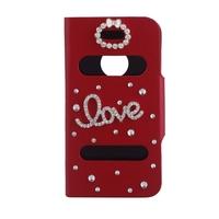 Double View Screen Window Flip Case Cover Bling Diamond Rhinestone Crystal PU Leather for iPhone 4S 4G Stand Magnetic Clip Pure Red