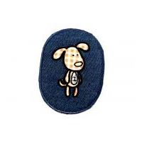 Dog Patch Embroidered Iron On Motif Applique 70mm x 10cm Beige & Blue