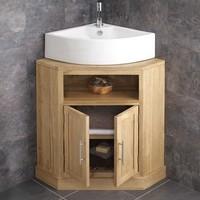 Double Door Solid Oak Cube Range Corner Vanity Cabinet and Basin