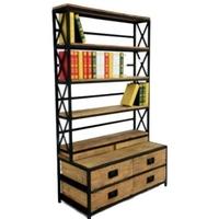 Doors Reclaimed Wooden and Metal Open Bookshelf with Drawers