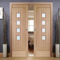 Double Pocket Contemporary Suffolk Oak 4 Pane Door with Obscure Safe Glass