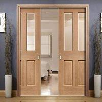 Double Pocket Malton Oak Door with Bevelled Clear Safe Glass - No Raised Mould