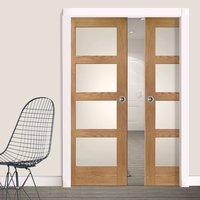 Double Pocket Shaker Oak 4 Pane Door with Obscure Safe Glass