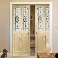 Double Pocket Rio Clear Pine Door with Clear Etched Crystal Rose Glass